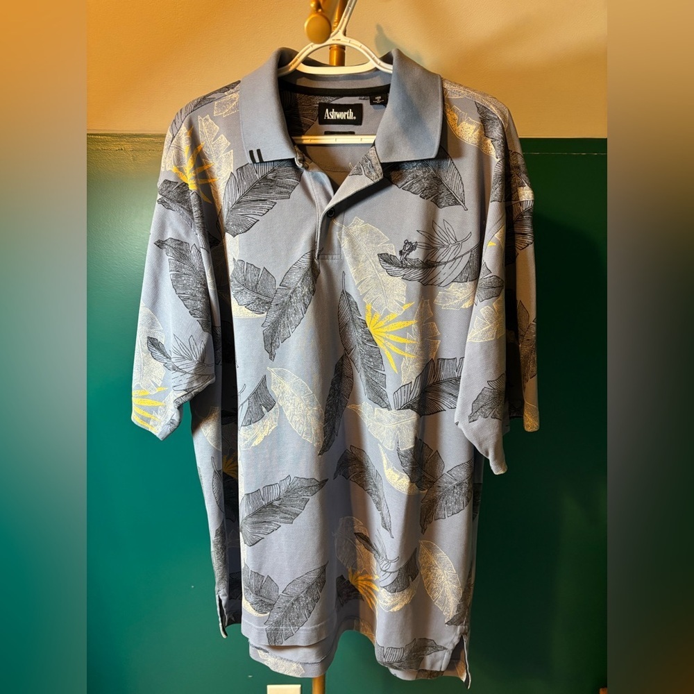 Ashworth Men's Blue and Yellow Leaf Print Polo Shirt